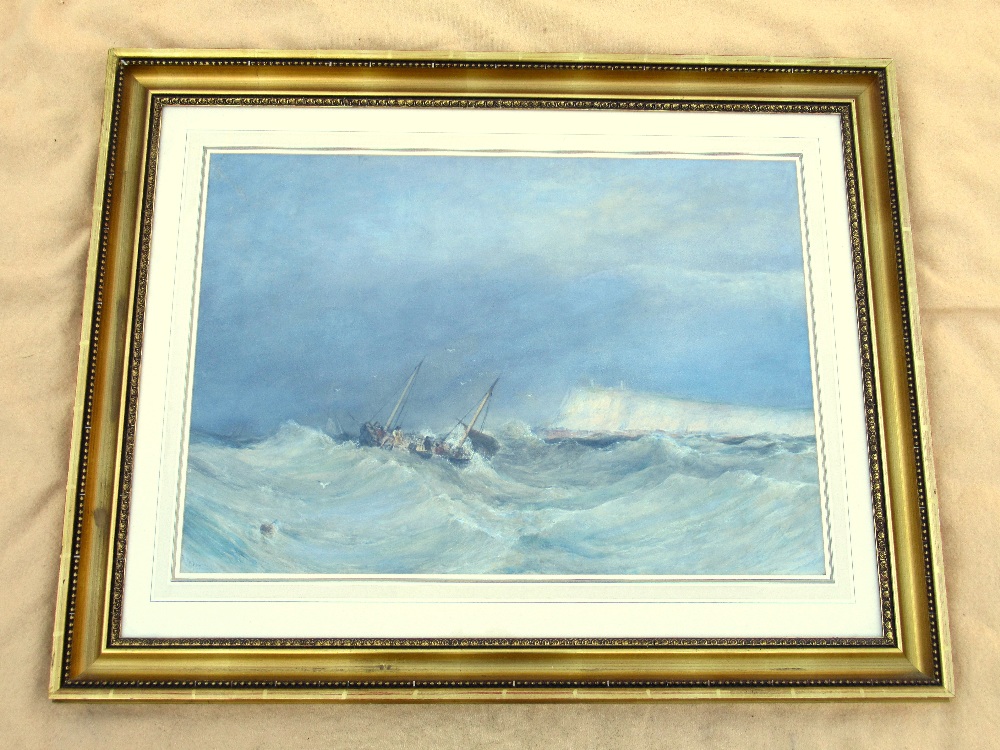 E. TUCKER, FISHING BOAT IN A STORMY SEA AND WHITE CLIFFS BEYOND, WATERCOLOUR, SIGNED (52.5cm x - Bild 2 aus 7