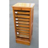 EARLY 20th CENTURY OAK PEDESTAL FILING CABINET WITH A TAMBOUR DOOR ENCLOSING NINE DRAWERS (H: