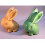 GREEN GLAZED DENBY WARE RABBIT MARKED 'BOURNE DENBY. ENGLAND' (H: 20.7cm) AND A SIMILAR YELLOW