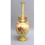 LATE VICTORIAN ROYAL WORCESTER BLUSH IVORY BALUSTER VASE, WITH A TALL NECK, PAINTED WITH FLOWERS,