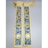 PAIR OF CHINESE FLORAL AND FIGURE EMBROIDERED SILK BANDS (84cm x 9.5cm)