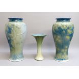 PAIR OF ROYAL WORCESTER SABRINA WARE BALUSTER VASES WITH ART NOUVEAU FLOWERS IN RELIEF ON A BLUE/