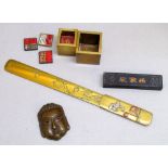 CHINESE BRASS PAPERKNIFE, DETACHABLE BRASS AND COPPER HANDLE WITH ONLAID AND CHASED DECORATION (L: