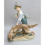 ROYAL DUX FIGURE GROUP No. 2867, BOY WITH SETTER DOG, ON RUSTIC BASE, PUCE TRIANGLE MARK (H: 45cm)