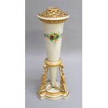 UNUSUAL VICTORIAN PORCELAIN CONICAL VASE WITH PIERCED TOP PAINTED WITH FLOWERS, GILT ENRICHED, ON