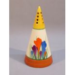 CLARICE CLIFF BIZARRE CROCUS PATTERN CONICAL SUGAR SIFTER PAINTED IN COLOURS BETWEEN YELLOW AND