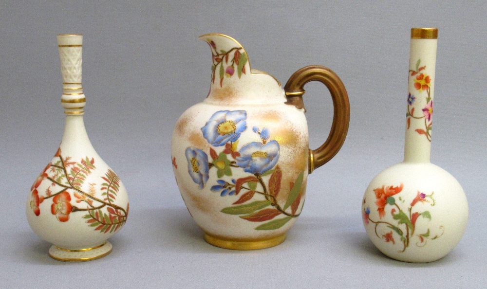 VICTORIAN ROYAL WORCESTER IVORY GROUND JUG WITH PAINTED FLORAL DECORATION AND A LOOP HANDLE, MODEL