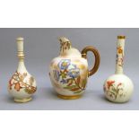 VICTORIAN ROYAL WORCESTER IVORY GROUND JUG WITH PAINTED FLORAL DECORATION AND A LOOP HANDLE, MODEL