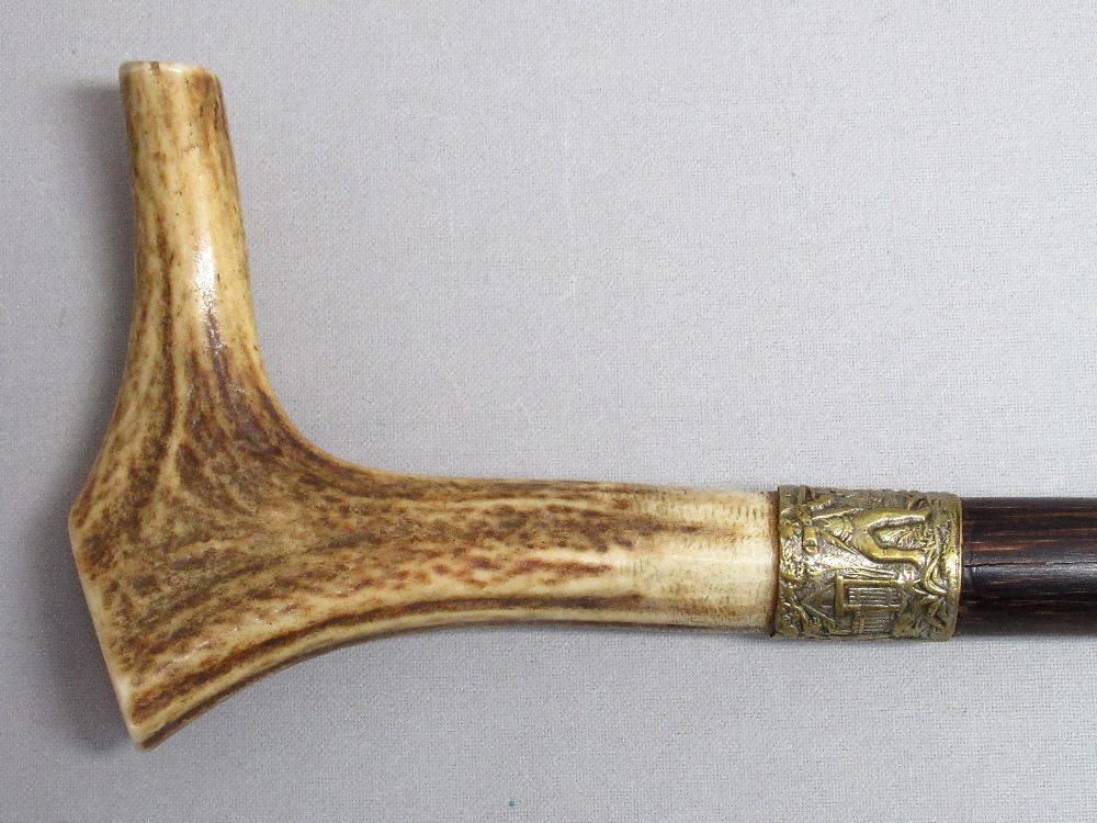 EARLY 20th CENTURY WALKING STICK WITH ANTLER HANDLE AND GILT METAL FERRULE, WITH A HUNTING SCENE, - Image 6 of 9