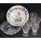 SET OF FIVE HEAVY DIAMOND AND PANELLED CUT GLASSES, CUT OVAL BOWL AND A PORTMEIRION BOWL [7]