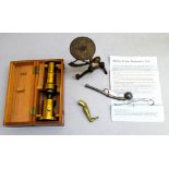 SMALL BRASS MOUNTED TRAVEL MICROSCOPE, BOXED (L: 16.5cm), BOATSWAIN'S CALL OR WHISTLE, BRASS LEG