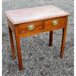 GEORGE III MAHOGANY SIDE TABLE WITH A MOULDED TOP AND TWO DRAWERS, ON CHAMFERED LEGS (74cm x 76cm
