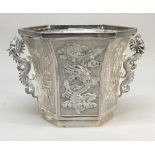 CHINESE SILVER HEXAGONAL TAPERING VASE WITH A PAIR OF STYLISED DRAGON HANDLES, 354 grams