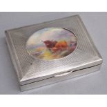 GEORGE V SILVER CIGARETTE BOX, THE HINGED COVER WITH AN INSET ROYAL WORCESTER OVAL PLAQUE PAINTED