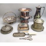 SILVER PLATED CAMPANA-SHAPED WINE COOLER, PLATED THERMOS FLASK, COVERED SARDINES DISH WITH EARTHERN