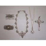 FRENCH SILVER MARCASITE NECKLACE, PENDANT NECKLACE, CRUCIFIX AND TWO BROOCHES (125g GROSS) [5]