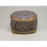 FRENCH BRONZE OVAL BOX CHASED AND EMBOSSED WITH HUNTING AND OTHER SCENES, BY AA (W: 9.1cm)