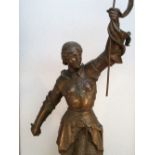 JEANNE D'ARC AU COMBAT' SPELTER FIGURE WITH A BRONZE FINISH OF JOAN OF ARC HOLDING A BANNER ALOFT,