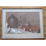 MYLA, STILL LIFE OF APPLES, BOTTLES AND JUG ON A CLOTH, PASTEL, SIGNED (32cm x 55cm), SAMPLER BY