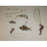 THREE ORIENTAL SILVERED WIRE AND ENAMELLED ARTICULATED FISH, SEAHORSE AND SHRIMP (LENGTH OF LONGEST: