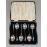 SET OF SIX SILVER GRECIAN PATTERN COFFEE SPOONS, EACH WITH A BLUE ENAMELLED HANDLE, BY WILLIAM