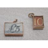 9ct GOLD CHARM CONTAINING AN OLD £5 NOTE WITH 'IN EMERGENCY BREAK GLASS' INSCRIBED ON THE SIDE (3.