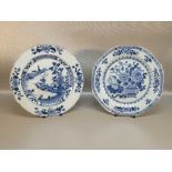 CHINESE QIANLONG PORCELAIN OCTAGONAL PLATE PAINTED WITH A RIVER, TWO FIGURES FISHING, BUILDINGS