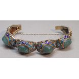 BAHRAINI SILVER GIT FILIGREE BRACELET WITH ENAMELLED DECORATION, SET FOUR GREEN STONES (51.5g)