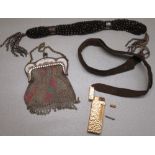 ENAMELLED PLATED CHAINMAIL PURSE, CLOTH MESH AND CUT STEEL BEAD BAG WITH STEEL BANDS AND TASSELS, AN