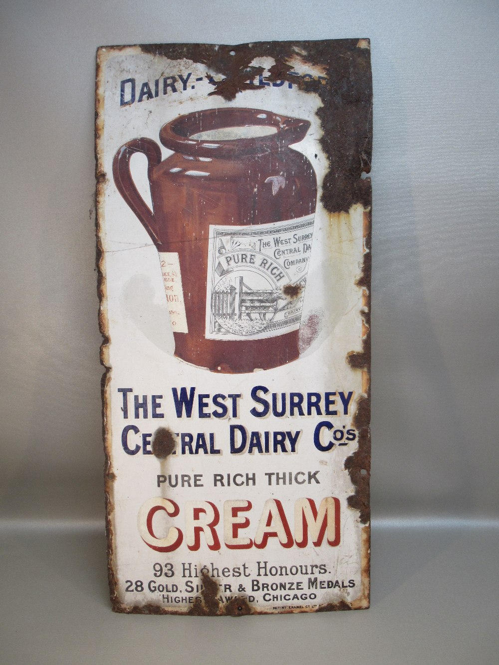 OF LOCAL INTEREST, WEST SURREY CENTRAL DAIRY Co's DAIRY - GUILDFORD PICTORIAL JUG ENAMELLED SIGN