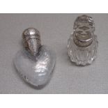 ARTS AND CRAFTS FACETED HEART-SHAPED SCENT BOTTLE, WITH STOPPER, WITH HAMMERED SILVER NECK AND