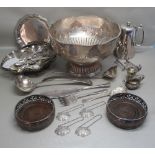 SILVER PLATED CIRCULAR PUNCH BOWL WITH LION MASK RING HANDLES AND LADLE (DIA: 32cm), PAIR OF PIERCED