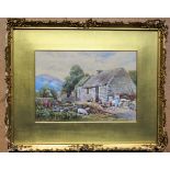 CHARLES ROWBOTHAM, RURAL COTTAGE SCENE WITH FARMYARD ANIMALS, WATERCOLOUR, SIGNED AND DATED 1901 (