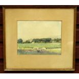 JAMES BATEMAN (1893-1959) CATTLE WITH COTTAGE, TREES AND UPLANDS BEYOND, WATERCOLOUR, SIGNED AND