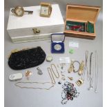 FOUR LADIES WATCHES, TWO JEWELLERY BOXES AND A QUANTITY OF COSTUME JEWELLERY