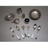 SILVER THREE PIECE LINED CIRCULAR CRUET BY S LTD., BIRMINGHAM 1925 AND 1927, FOREIGN TEA STRAINER ON