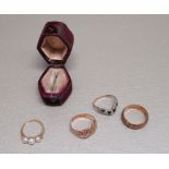 9ct GOLD RING SET FIVE DIAMONDS AND FOUR SAPPHIRES, SIZE K½, YELLOW METAL RING SET THREE CULTURED