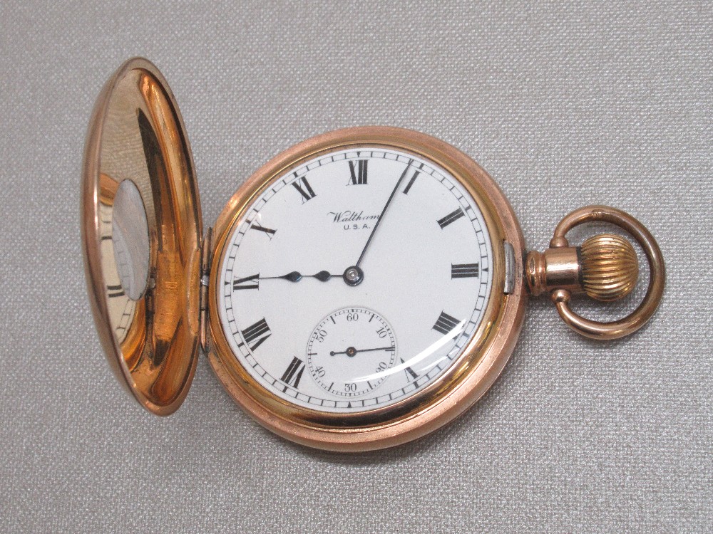 WALTHAM GOLD PLATED HALF HUNTER POCKET WATCH IN A DENNISON CASE - Bild 2 aus 7