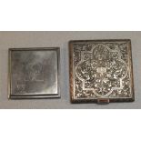 CONTINENTAL SILVER COLOURED SQUARE COMPACT WITH ENGRAVED FLORAL DECORATION, INITIALLED GG, MARKED