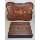 19th CENTURY DUTCH INLAID FLORAL MARQUETRY SERPENTINE SHAPED GALLERIED TRAY WITH TWO BRASS