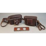 ZEISS IKON CONTESSA 35mm CAMERA, ZEISS CONTAX 35mm CAMERA, BOTH IN LEATHER CASES AND A MAHOGANY