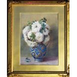 ANNA-MARIA DE GUERIN, STILL LIFE WITH CHRYSANTHEMUMS IN A BLUE AND GREY SALT GLAZED JUG,