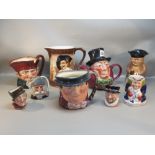 DOULTON CHARACTER JUGS "OLD CHARLEY" (H: 15.3cm), "TONY WELLER" (H: 13.2cm), THREE SMALLER JUGS