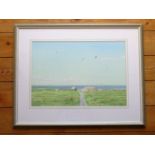 B.G. NICKHOLDS, FARM WITH FIGURE, HAYSTACK AND SEA BEYOND, WATERCOLOUR, SIGNED AND DATED 1986 (32.