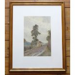 G CARLISLE, FIGURE ON A HORSE, OTHER FIGURES ON A LANE WITH TREES AND BUILDINGS, WATERCOLOUR, SIGNED