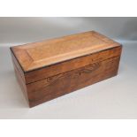 19th CENTURY ROSEWOOD RECTANGULAR BOX, THE HINGED INLAID TOP WITH BURR AND LATTICE DECORATION