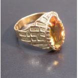 YELLOW GOLD RING SET WITH AN OVAL 15mm CITRINE STONE, STAMPED UNO A.R, 750, RING SIZE N (5.3g