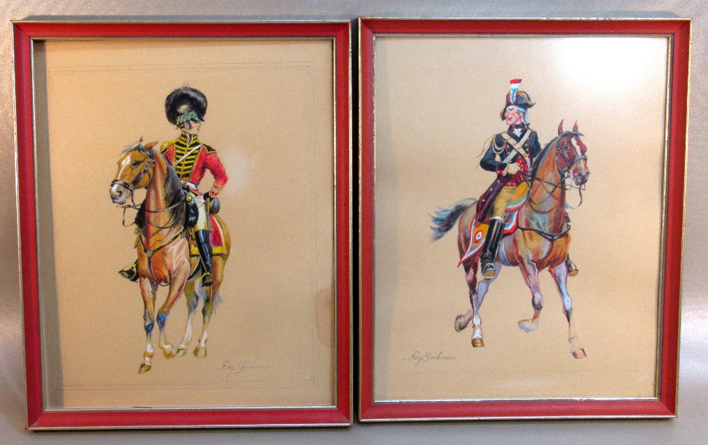 RAY DERKENNE PAIR OF NAPOLEONIC WAR CAVALRY OFFICERS, WATERCOLOURS (EACH 29cm x 23cm), BUTTERFLIES