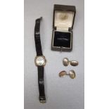 PAIR OF 9ct GOLD ENGRAVED OVAL CUFFLINKS (5.5g) AND A 9ct GOLD RONE LADY'S WRISTWATCH [3]