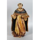 SMALL ITALIAN CARVED WOOD PAINTED AND GILDED STANDING FIGURE OF A PREIST HOLDING AN OPEN BOOK WITH A